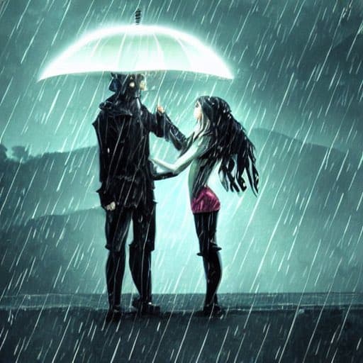A digital illustration of two figures standing under a glowing umbrella in the rain. The figure on the left appears to be a dark, armored or robotic character, while the figure on the right is a woman with long dark hair wearing a white top and pink skirt. They are facing each other, with the woman reaching toward the other figure's face.