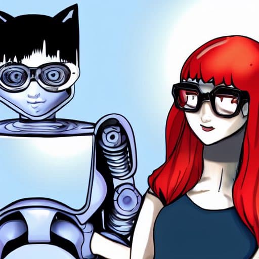 A digital illustration featuring a humanoid robot with a black cat's head and a woman with long red hair, both wearing large, dark sunglasses. The robot has a metallic, mechanical body with visible gears and joints, while the woman wears a dark sleeveless top.