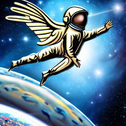 A digital illustration of a golden astronaut with large, feathered wings flying through a starry space background above a planet. The astronaut is depicted in a dynamic pose, reaching forward with one arm extended.