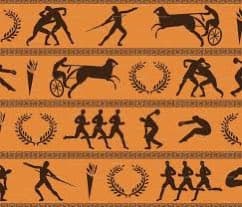 A repeating pattern of black silhouettes depicting ancient Greek athletes and chariots on an orange background, interspersed with laurel wreaths and wheat sheaves.