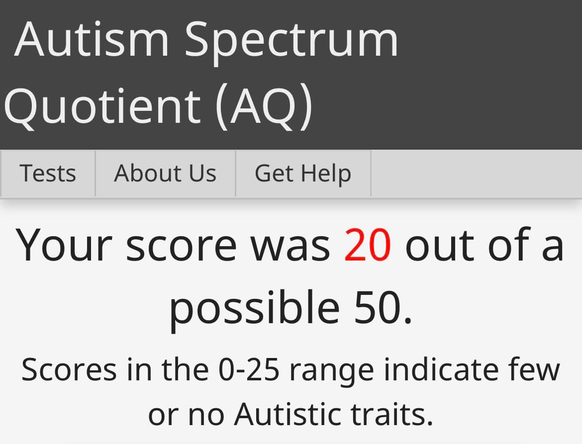 A screenshot of an online Autism Spectrum Quotient (AQ) test result page. The page displays a score of 20 out of a possible 50, with a note that scores in the 0-25 range indicate few or no Autistic traits.