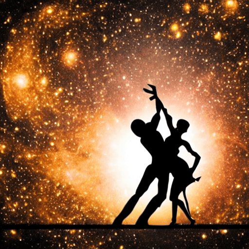 A silhouette of a couple dancing against a vibrant, star-filled cosmic background with golden and orange hues. The image appears to be a digital artwork or generated graphic featuring a male and female figure in a dance pose.