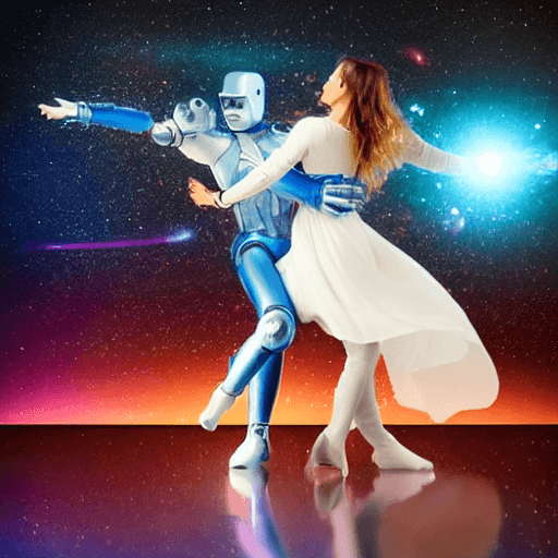 A digital illustration of a blue robot and a woman in a white dress dancing together against a colorful, starry space background.