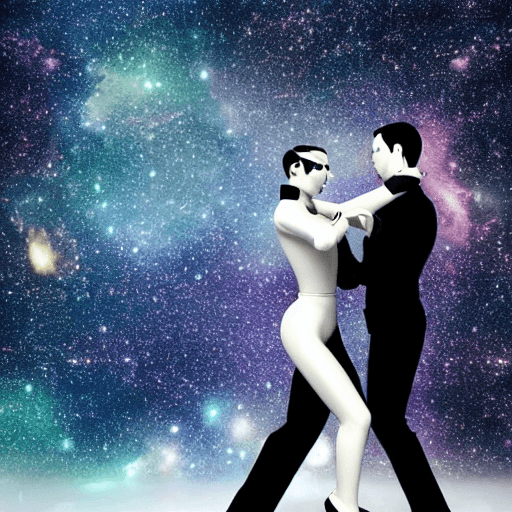 A 3D-rendered illustration of two stylized figures, one in a white bodysuit and one in a black suit, dancing in a close ballroom pose against a vibrant, star-filled cosmic background. The image has a surreal, artistic quality with no visible text.
