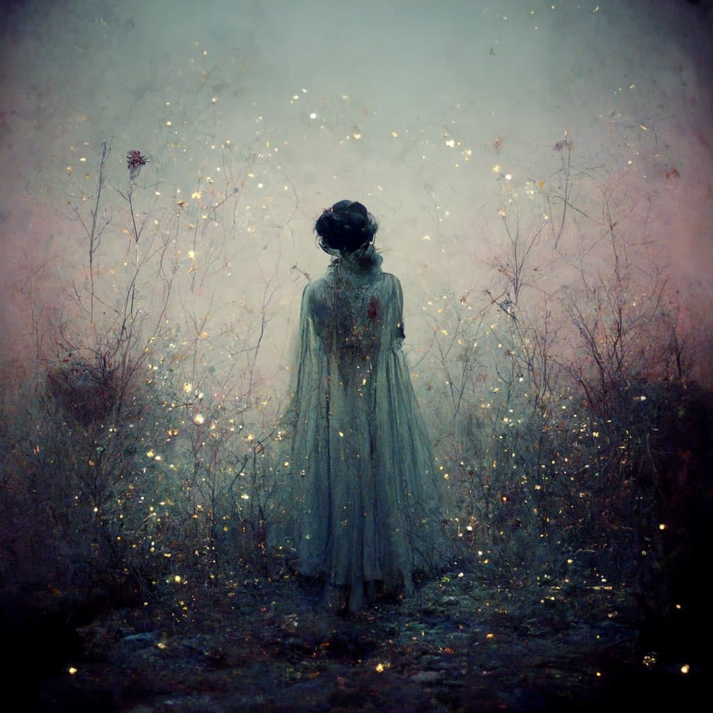 A digital painting depicts a figure in a long, flowing gown standing with their back to the viewer in a misty, ethereal field. The scene is filled with glowing, floating particles and sparse, dry vegetation under a soft, hazy sky.