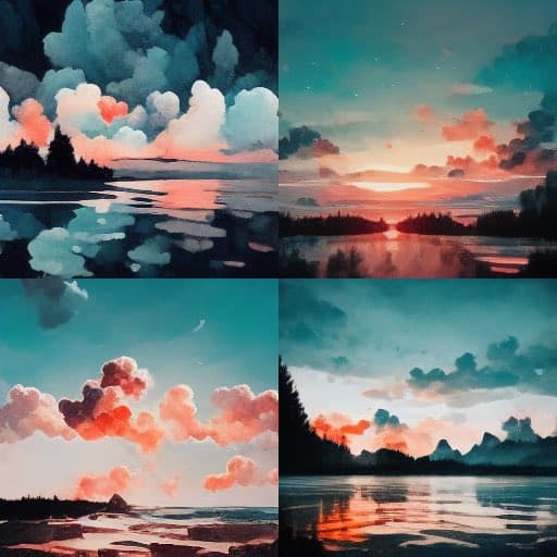 A four-panel grid of digital paintings depicting serene landscapes with stylized clouds, water, and trees in pastel tones of pink, blue, and orange.