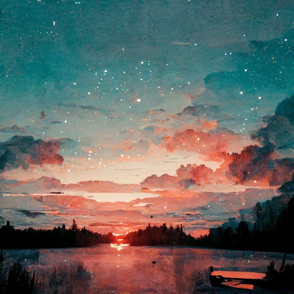 A watercolor-style painting of a serene landscape at dusk or dawn, featuring a starry sky with pink and orange clouds reflecting on a calm body of water. Silhouetted trees line the shore, and a small boat is visible in the lower right corner.