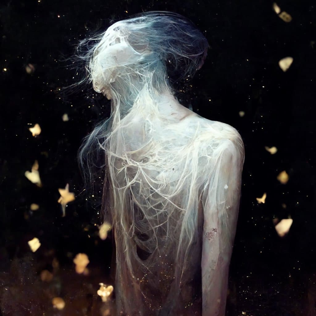 A surreal, ethereal artwork depicting a pale, ghostly figure with flowing white hair against a dark background scattered with glowing particles.