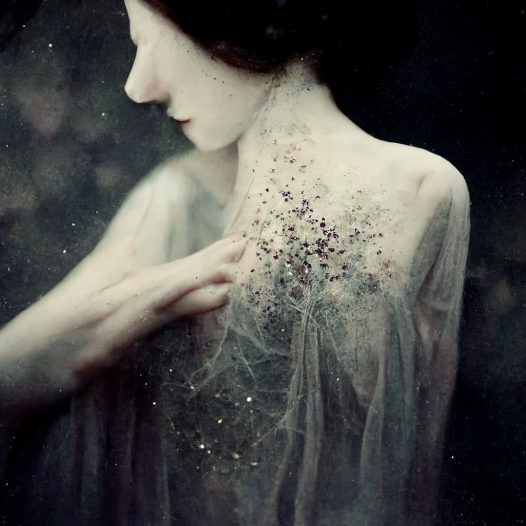 A fine art photograph showing a person in profile wearing a sheer, dark garment, with delicate purple flowers and wispy textures appearing to grow from their shoulder and chest area against a dark background.