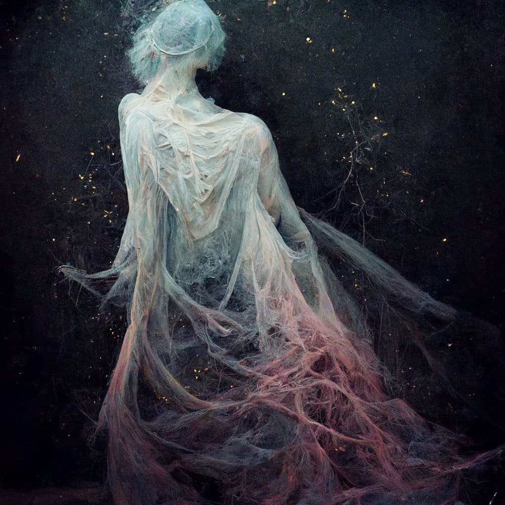 A digital artwork depicting a figure from behind, composed of wispy, fibrous textures in shades of pale blue, white, and pink against a dark, starry background.