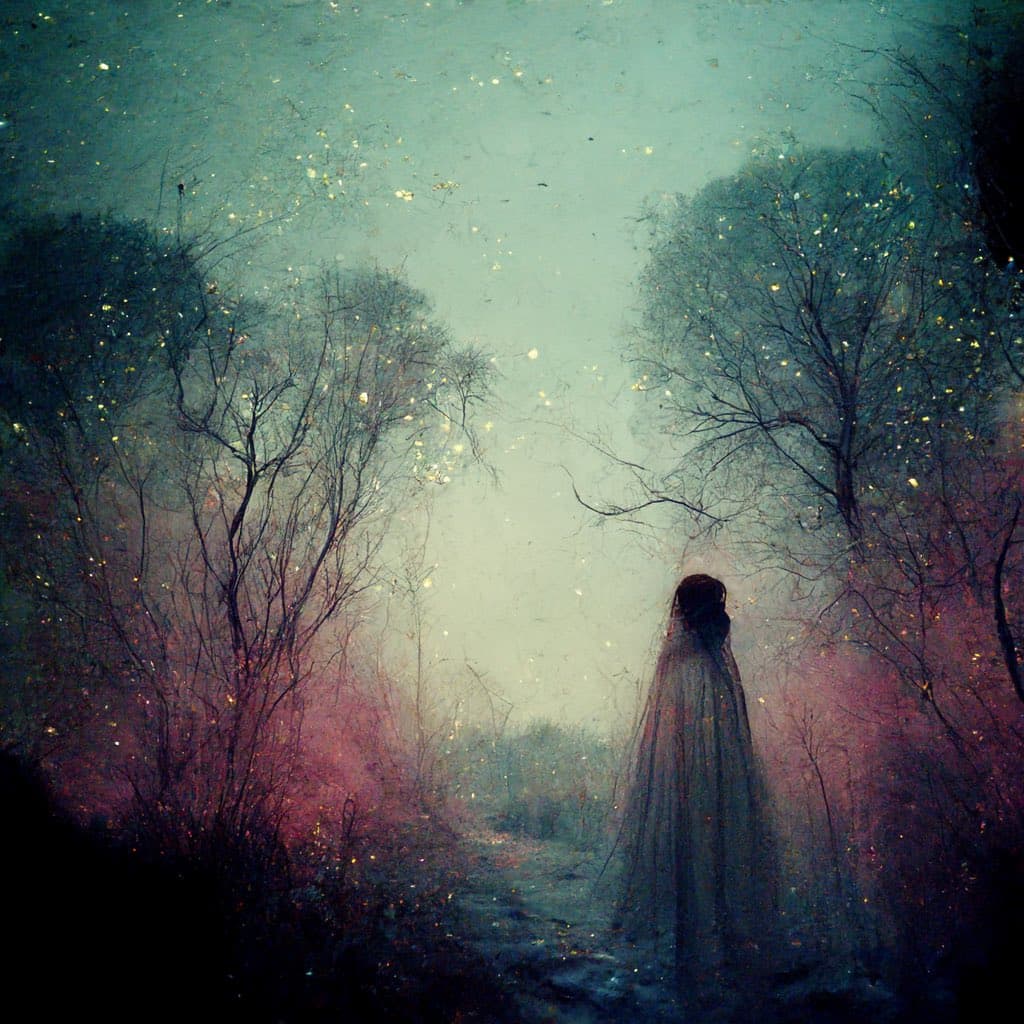 A dreamy, painterly digital artwork depicting a lone, robed figure standing on a path in a misty, twilight forest. The scene is filled with ethereal, glowing particles and bare trees, creating a mystical and serene atmosphere.