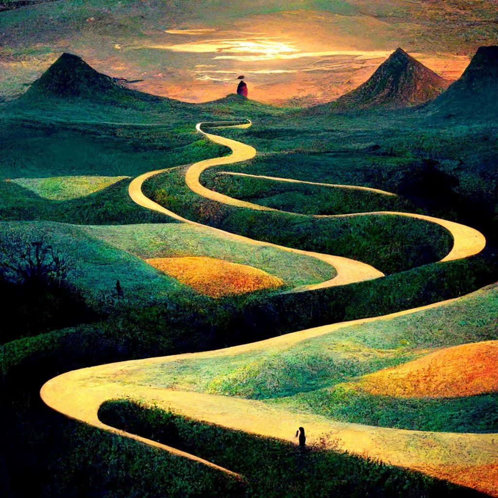 A surreal digital artwork depicting a winding, golden path snaking through a green, hilly landscape toward a distant figure under a bright, hazy sky. The scene features a painterly texture with rolling hills and a small silhouette of a person in the foreground.