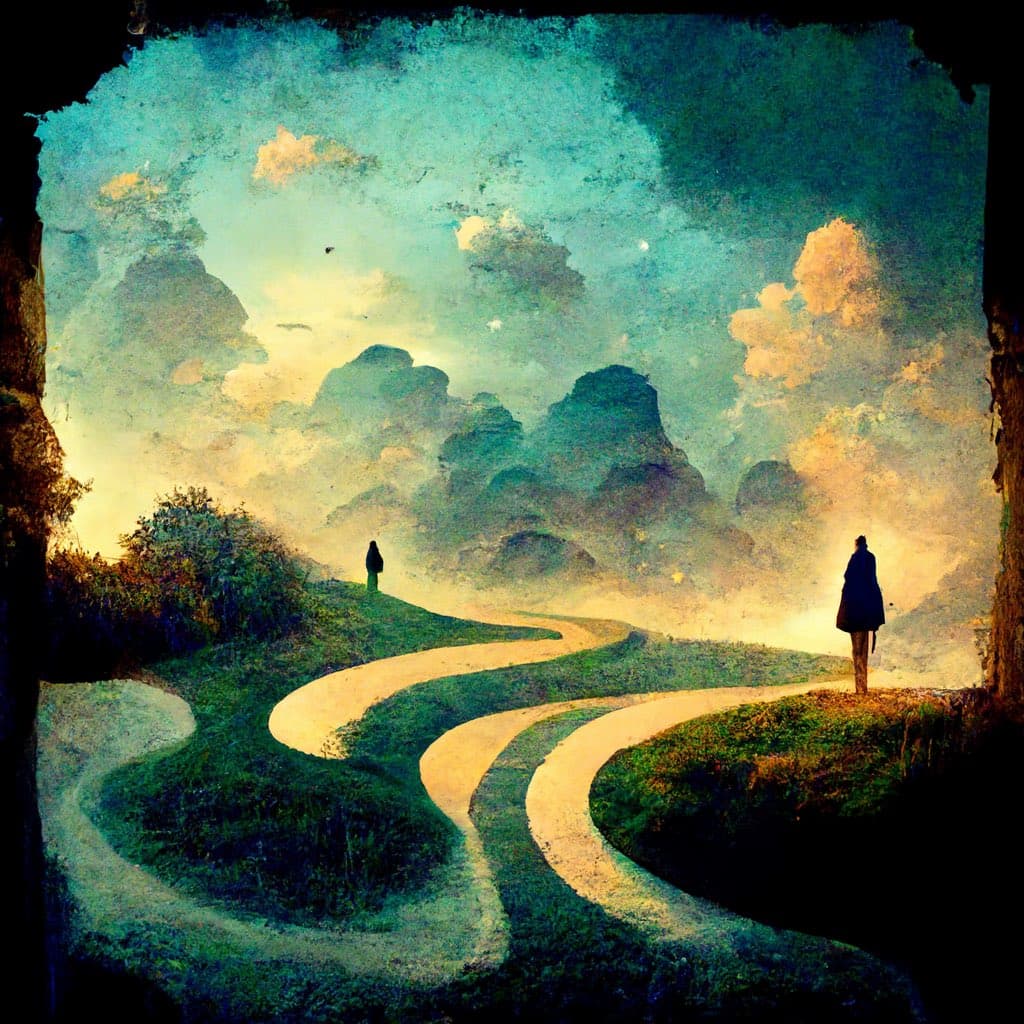 A surreal, painterly digital artwork depicting a winding path that splits into multiple routes across a grassy landscape, with two silhouetted figures standing at different points along the paths under a dramatic, cloudy sky.