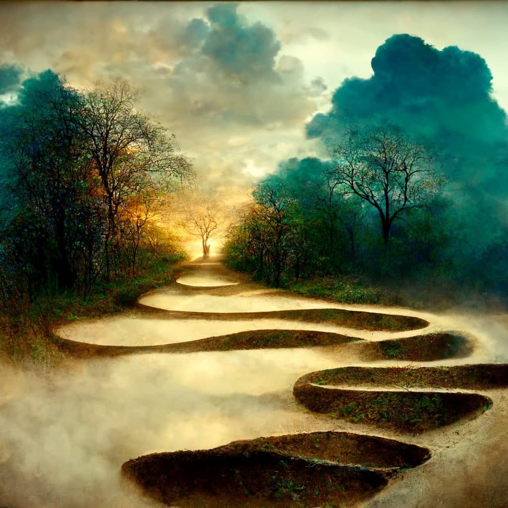 A digital painting of a winding, mist-covered path leading through a forest toward a bright, glowing horizon. The scene features bare trees on either side and a dramatic, cloudy sky with warm light breaking through the fog. The image has a surreal, dreamlike quality typical of AI-generated art.