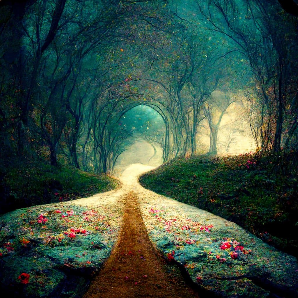 A digital painting depicting a winding dirt path through a dense, misty forest with trees arching overhead to form a natural tunnel. The ground is scattered with fallen pink and red petals, and the scene is illuminated by a soft, ethereal light in the distance.