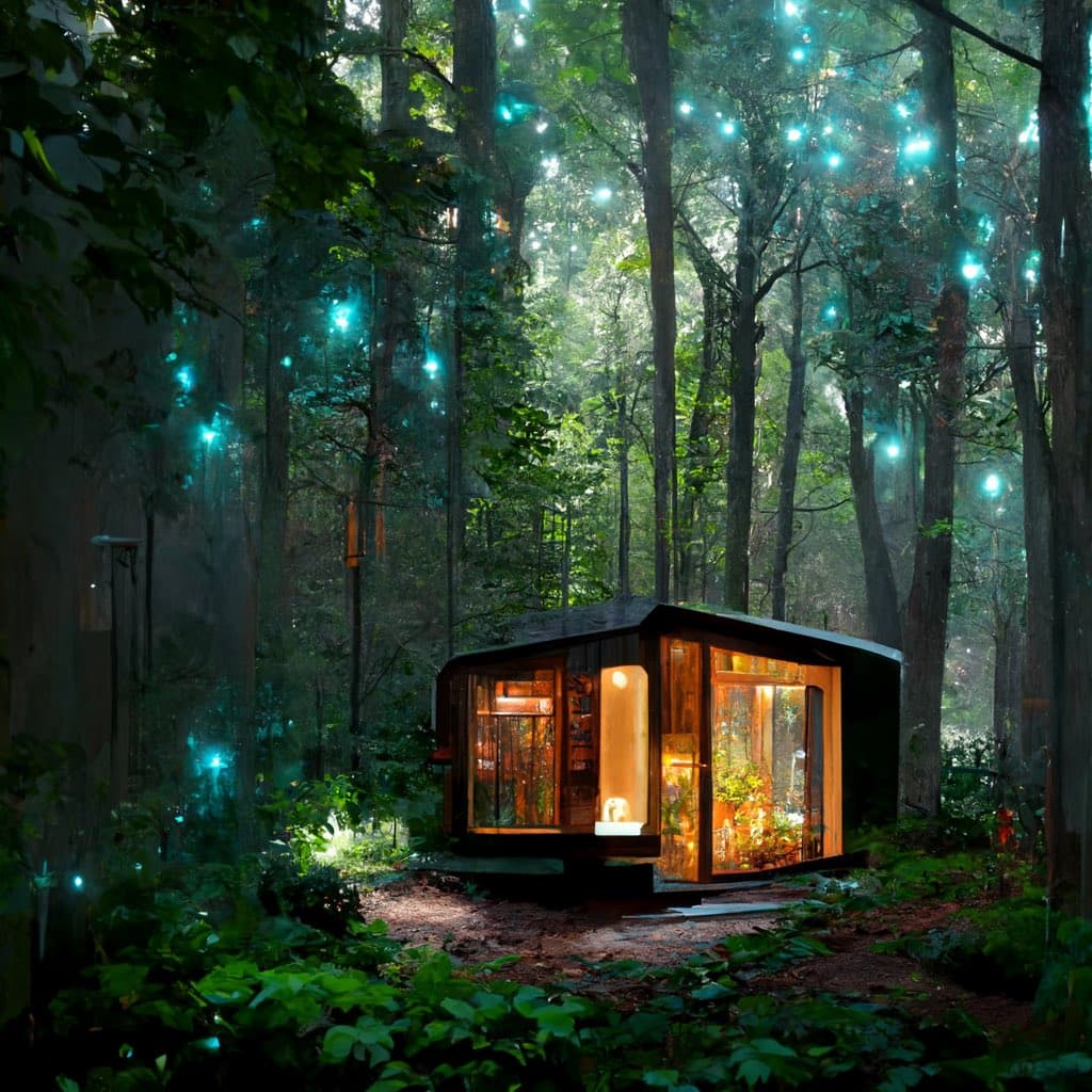 A cozy, illuminated tiny home with large glass windows sits nestled in a dense, lush forest at night. The scene is enhanced by glowing blue lights strung among the tall trees, creating a magical atmosphere around the warm, inviting structure.