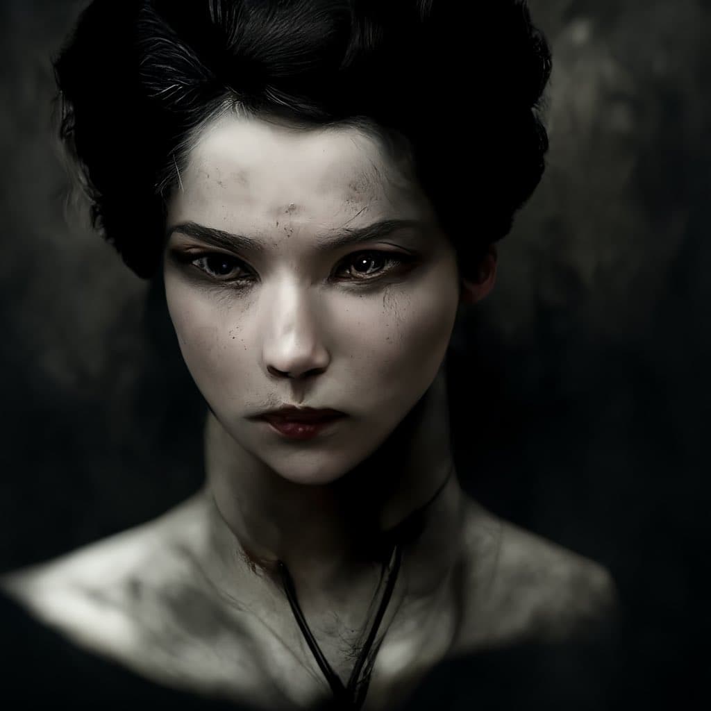 A dark, moody digital portrait of a person with pale skin, dark hair pulled back, and a serious expression, set against a textured gray background. The image has a painterly, high-contrast style with dramatic lighting highlighting the face and shoulders.