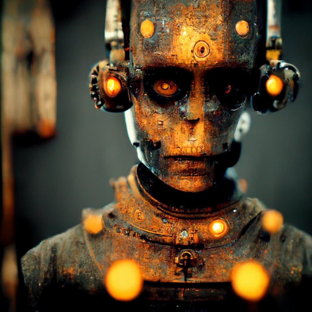 A close-up photograph of a weathered, humanoid robot bust with a rusty, metallic face and glowing orange lights in its eyes and on its body. The robot has a skull-like facial structure and appears to be part of a steampunk or industrial art piece.