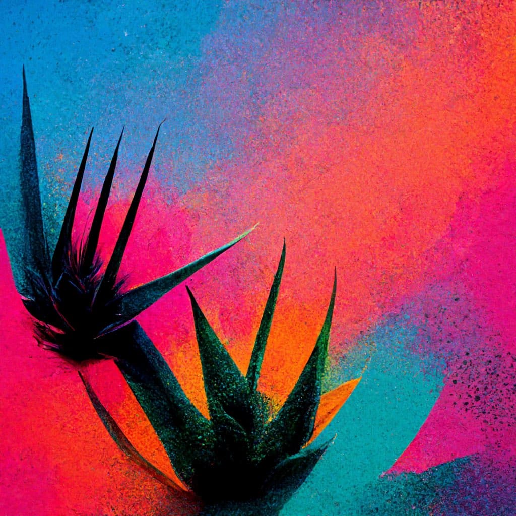 A vibrant, abstract digital artwork featuring dark, spiky plant silhouettes against a textured background of bright pink, orange, and blue.