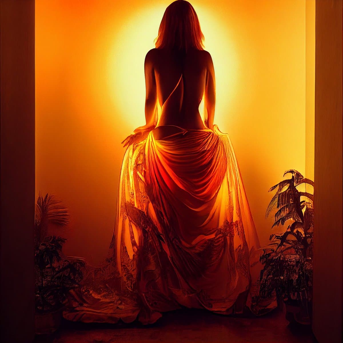 A person with long hair is shown from behind, wearing a flowing, backless gown that glows with warm orange and yellow light. The figure stands in a doorway or alcove, with potted plants visible on either side, creating a dramatic, backlit silhouette.