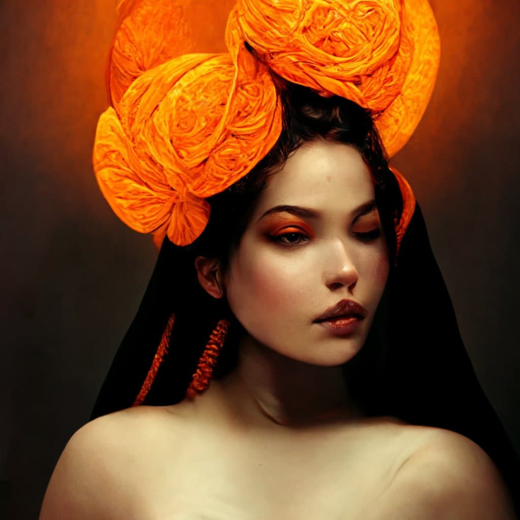 A portrait of a person with dark hair and orange makeup, wearing a large, elaborate headpiece made of crumpled orange paper or fabric. The subject is set against a dark, warm-toned background.