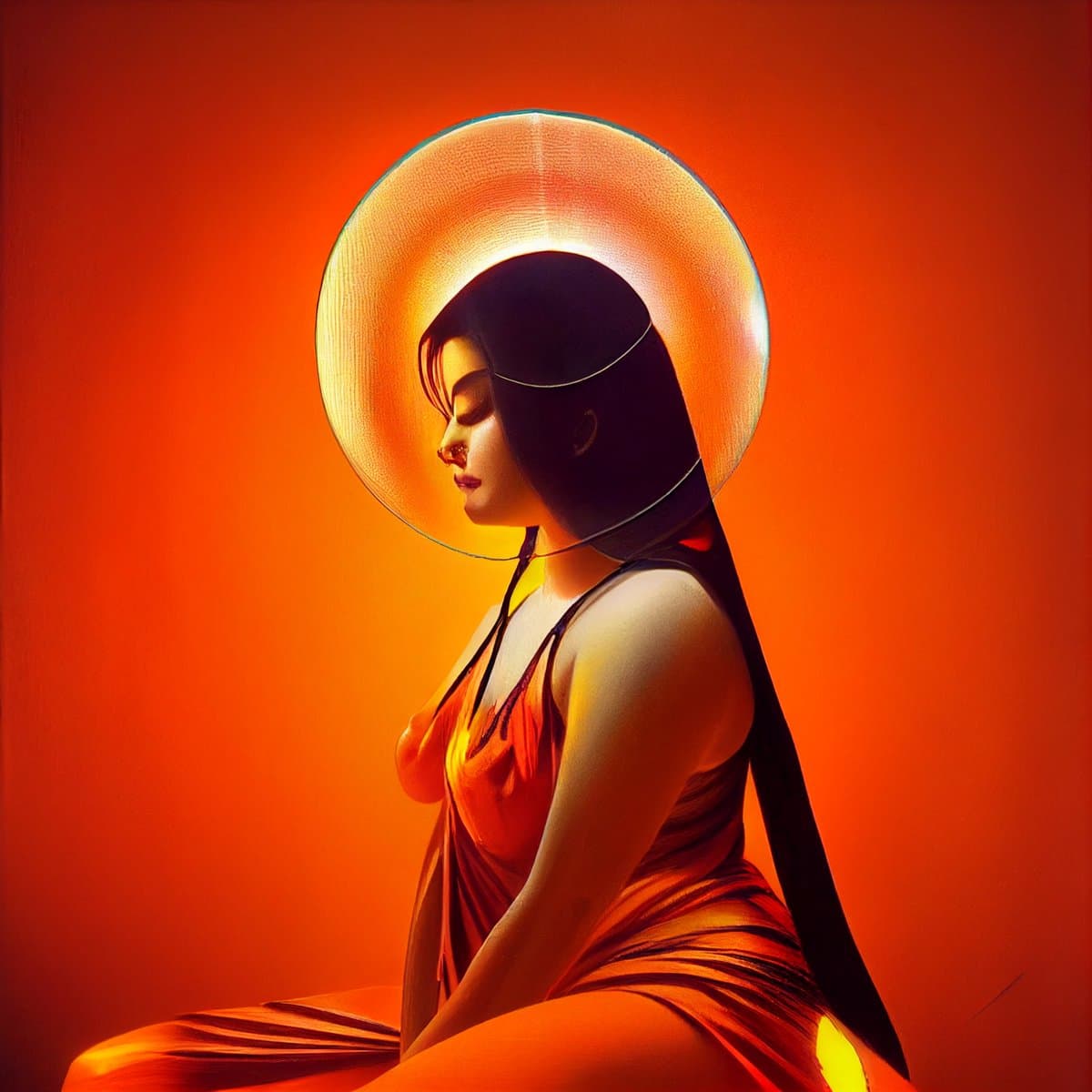 A digital illustration of a woman in profile, wearing a large, translucent circular hat and an orange dress, set against a vibrant orange background. The image features warm, glowing lighting that highlights the subject's features and the texture of her clothing.