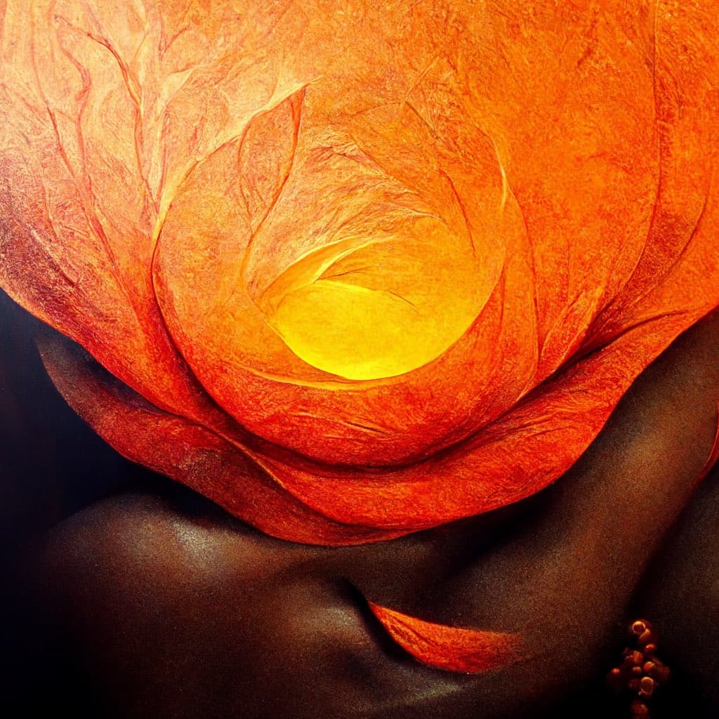 A close-up photograph of a person's face partially obscured by a large, vibrant orange flower, with the petals covering the eyes and forehead. The image features warm, saturated tones and a dark background, focusing on the texture of the flower and the person's skin. A small earring is visible on the person's earlobe.