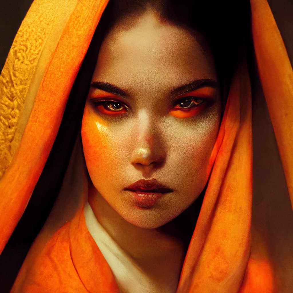 A close-up portrait of a person with dark hair, framed by vibrant orange fabric draped over their head and shoulders. The image features dramatic, warm lighting that highlights the subject's face and the rich texture of the orange material.