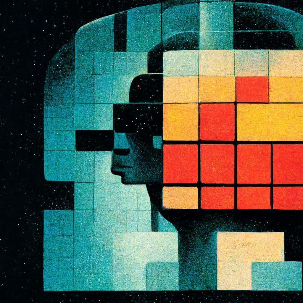 A stylized digital illustration of a human profile facing left, constructed from a grid of colored squares in shades of blue, orange, and red against a dark, starry background.