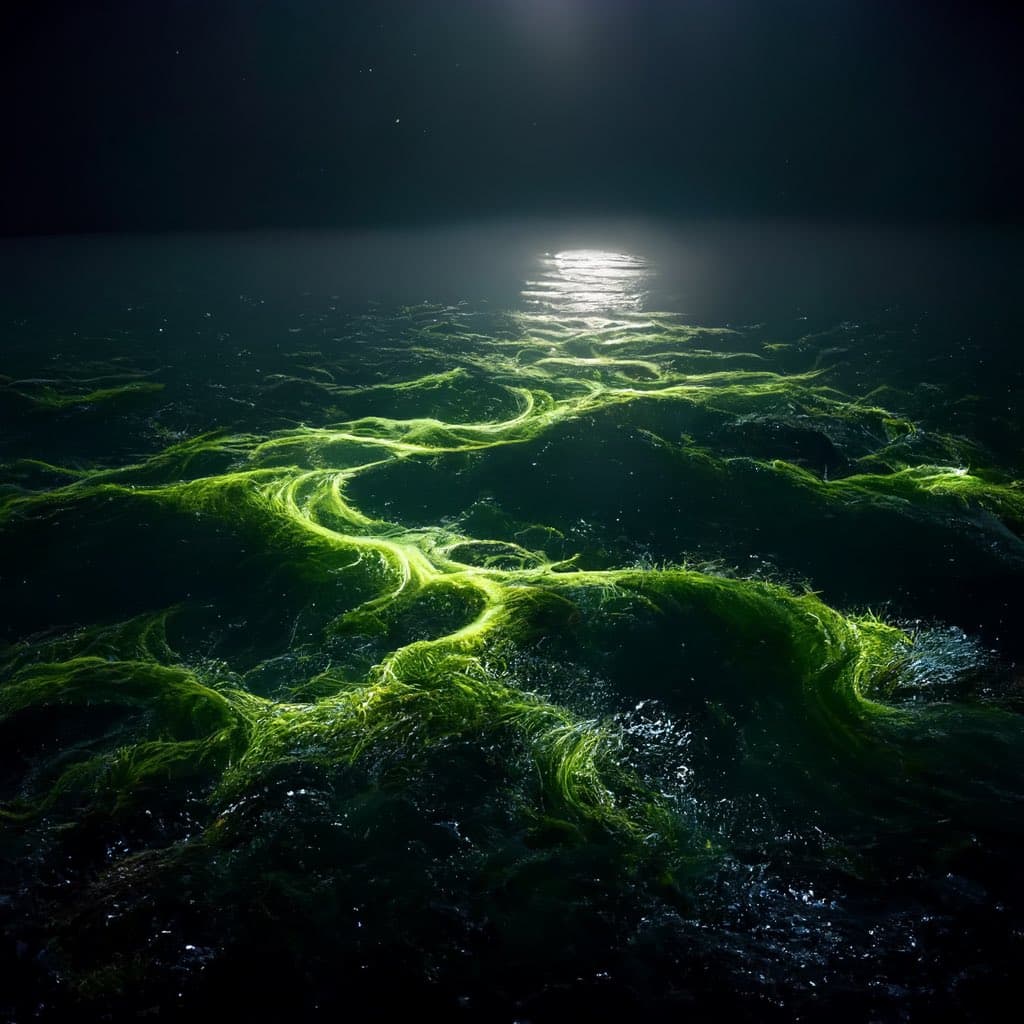 A dark, atmospheric image showing bright green seaweed or algae floating on the surface of dark water, illuminated by a beam of light from above.