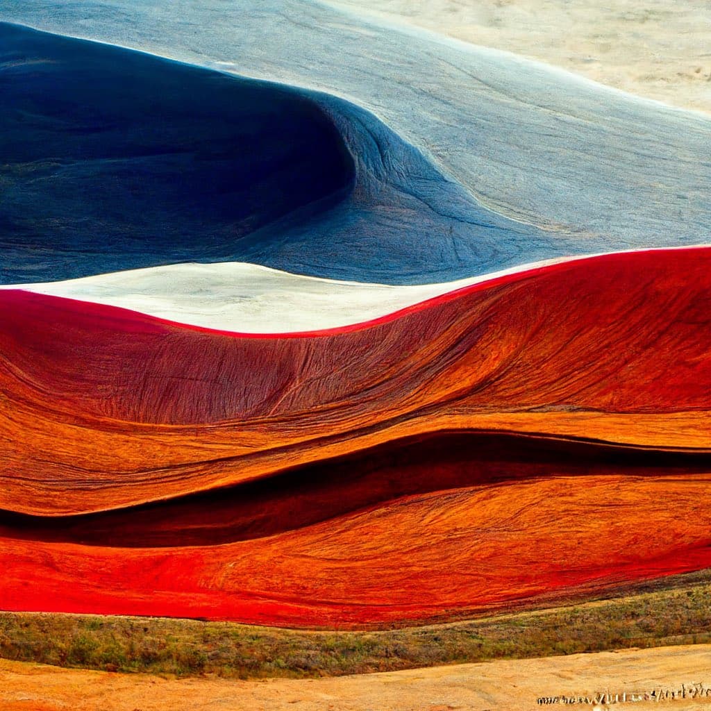 A landscape photograph of the colorful, layered sand dunes of White Sands National Park, featuring a striking contrast between deep blue shadows, bright white sand, and vibrant red and orange hues.