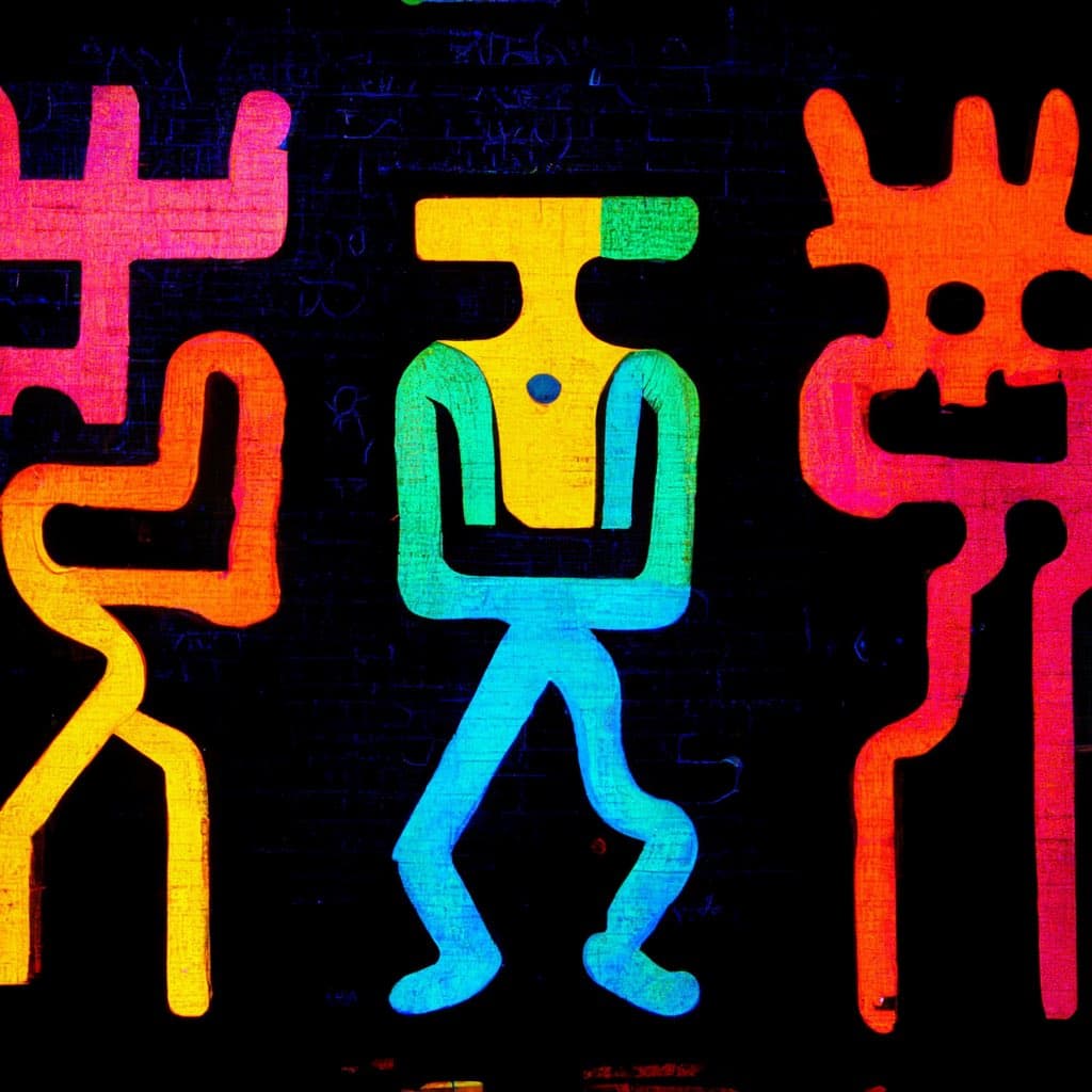 A vibrant, colorful piece of street art featuring three stylized, abstract human figures painted on a dark brick wall. The figures are rendered in bright neon hues of pink, orange, yellow, green, and blue, with the central character depicted in a walking pose.