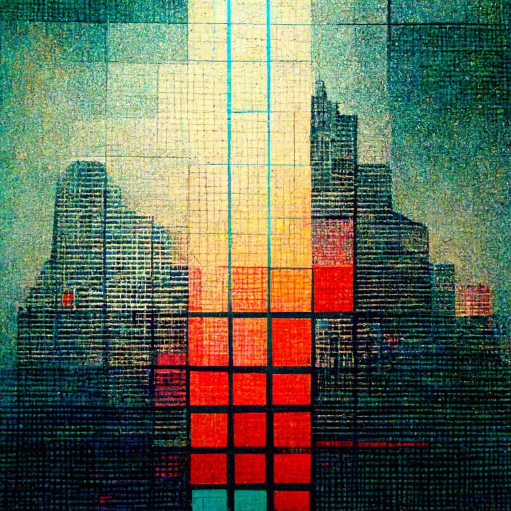 A stylized, pixelated image of a city skyline at dusk, featuring a prominent skyscraper with a grid of illuminated windows in shades of red, orange, and yellow. The surrounding buildings are rendered in dark blue and green tones, creating a vibrant, retro digital aesthetic.