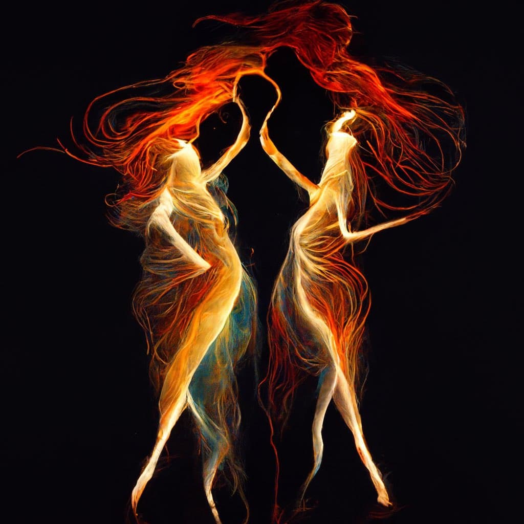 A digital artwork depicting two ethereal, flame-like figures dancing against a black background. Their bodies and flowing hair are composed of swirling orange and red fire, with their hands reaching toward each other.