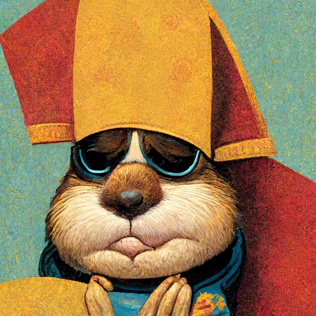 A digital illustration of a brown and white squirrel wearing dark sunglasses and a red and yellow jester's hat, with its paws clasped together in a thoughtful or smug pose against a textured blue background.