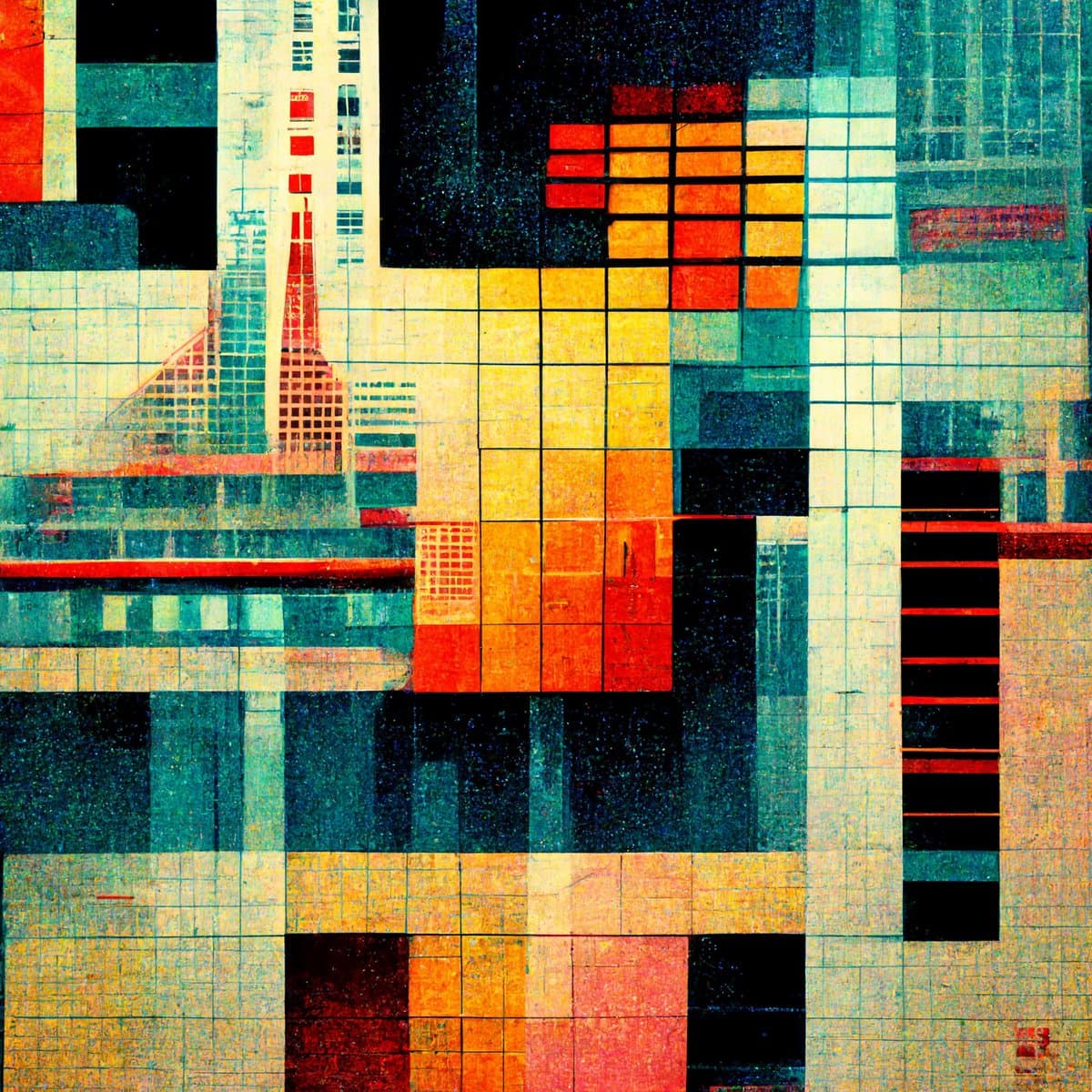 An abstract digital artwork featuring a geometric grid of colored squares and rectangles in shades of orange, red, teal, and black, resembling a stylized cityscape or pixelated pattern.