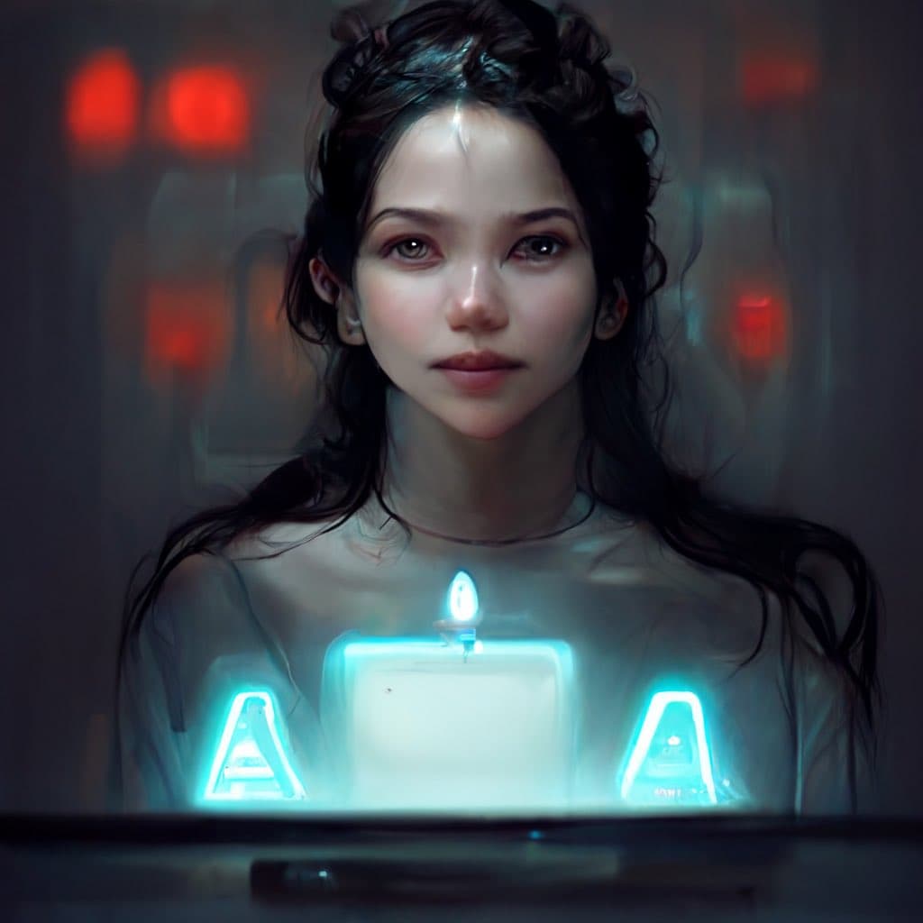 A digital painting of a young woman with dark hair looking forward, illuminated by a glowing blue light source on her chest against a dark background with red bokeh lights. The image has a surreal, sci-fi aesthetic.