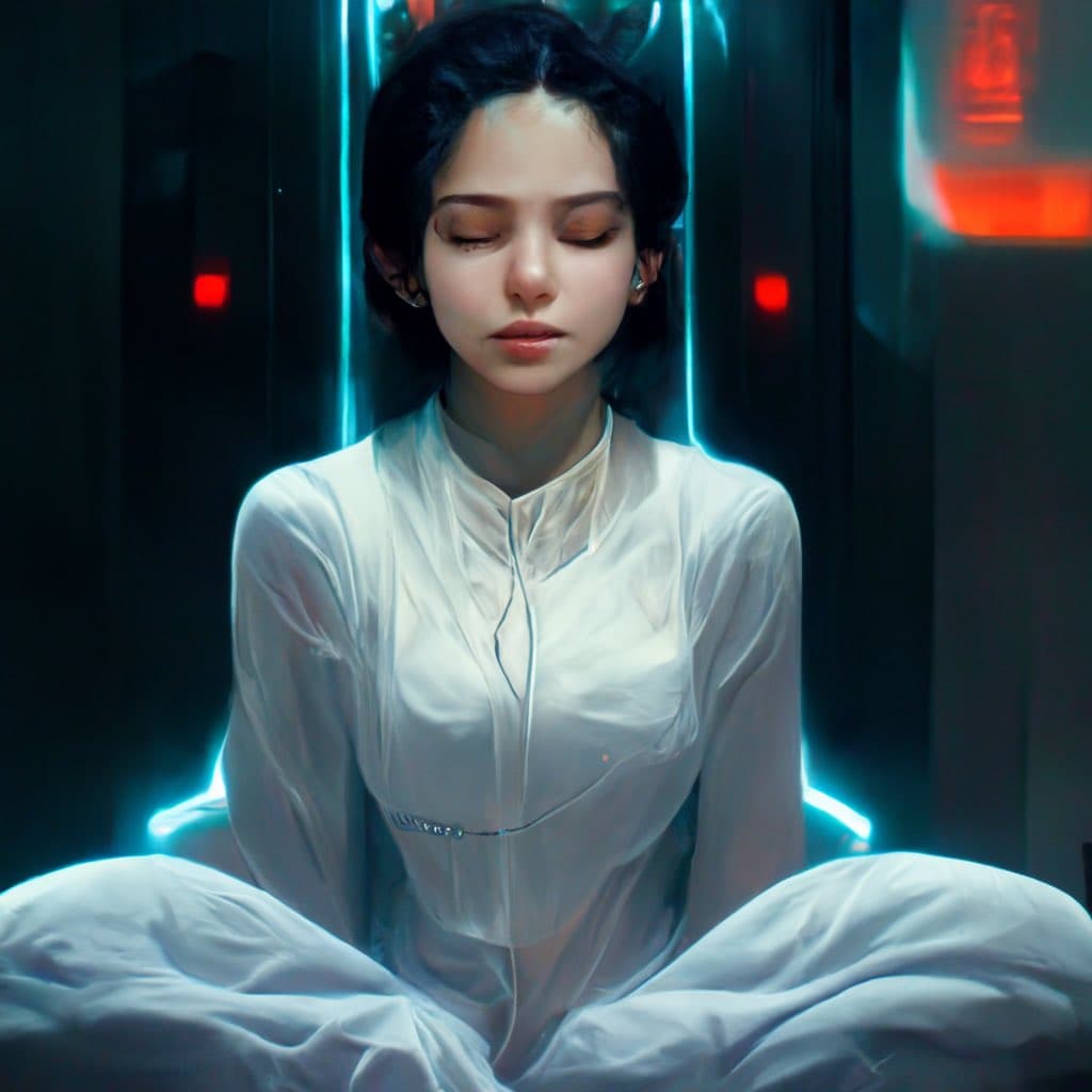 A digital illustration of a person with short dark hair sitting cross-legged in a white outfit, with their eyes closed in a meditative pose. The background features a dark, futuristic setting illuminated by vertical blue neon lights and red accents.