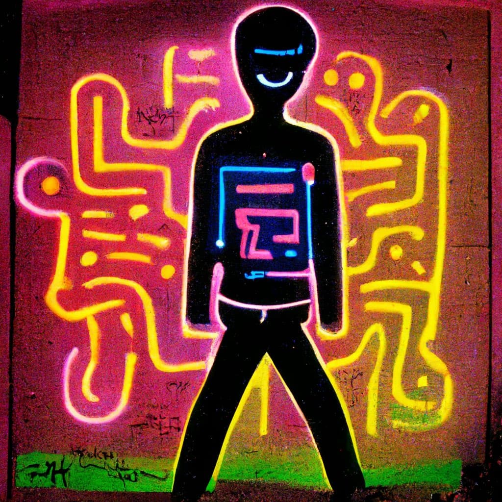 A photograph of a vibrant street art mural featuring a central black silhouette of a figure with a glowing blue and pink circuit-like design on its chest, flanked by two yellow, neon-style outline figures on a textured wall.
