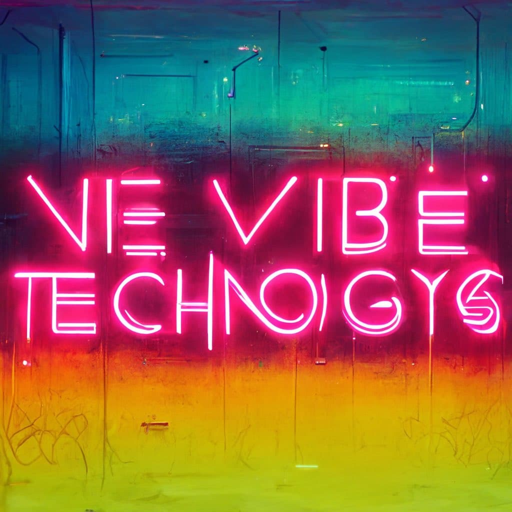 A photograph of a pink neon sign mounted on a wall, illuminated against a background with a blue-to-yellow gradient. The sign displays the text "VIE VIBE TECHNOIGYS" in a stylized, glowing font.