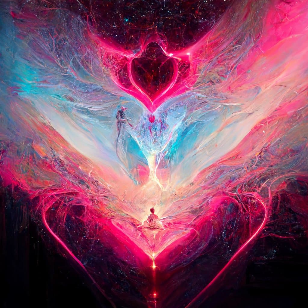 A vibrant, abstract digital artwork featuring swirling, fluid-like patterns in neon pink, blue, and white. The composition is symmetrical, forming a large heart shape at the bottom and a smaller heart shape at the top, with a small, glowing figure sitting in the center of the lower heart.