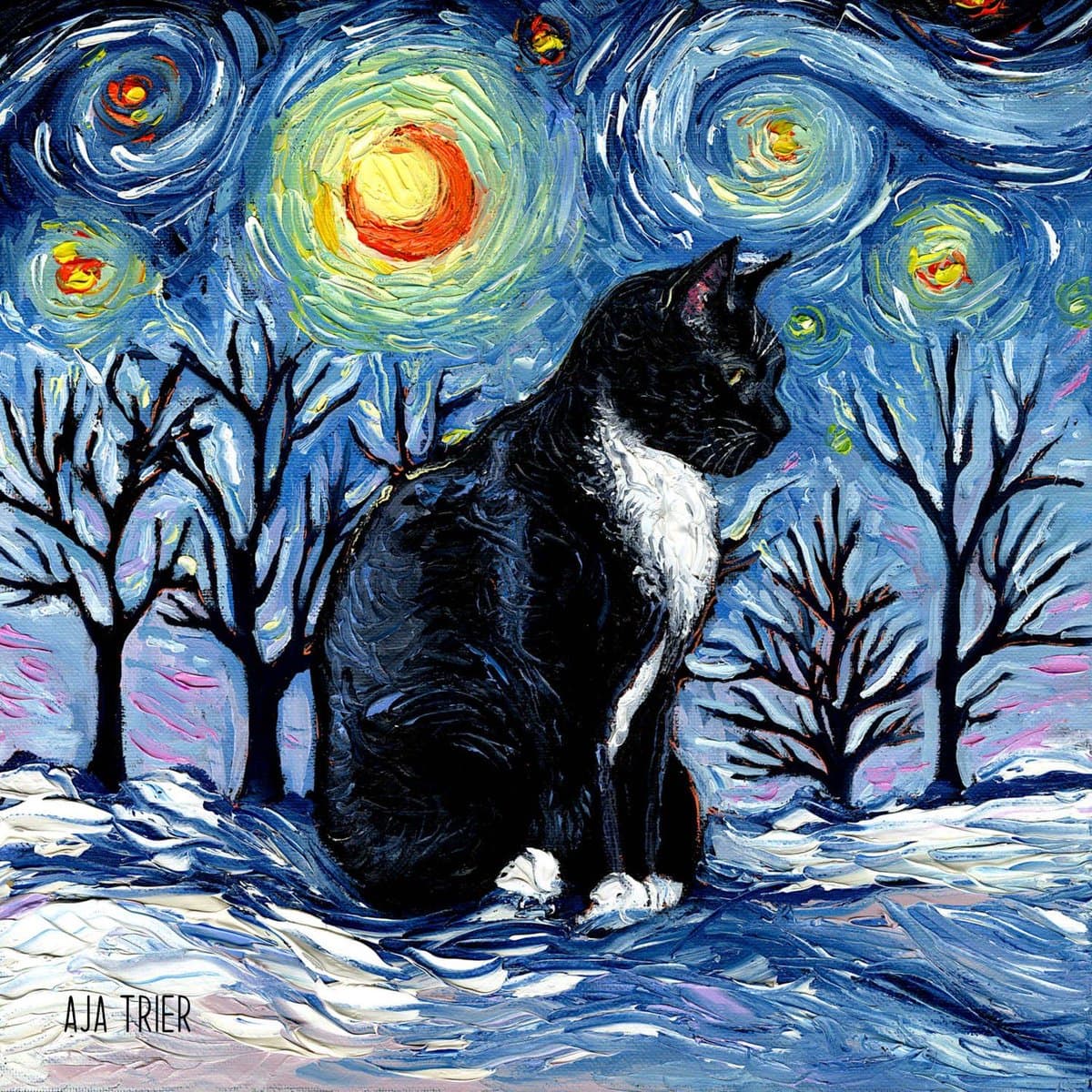 A digital painting in the style of Van Gogh's 'The Starry Night' featuring a black and white tuxedo cat sitting in a snowy landscape. The background shows swirling blue skies, bright stars, and bare trees.