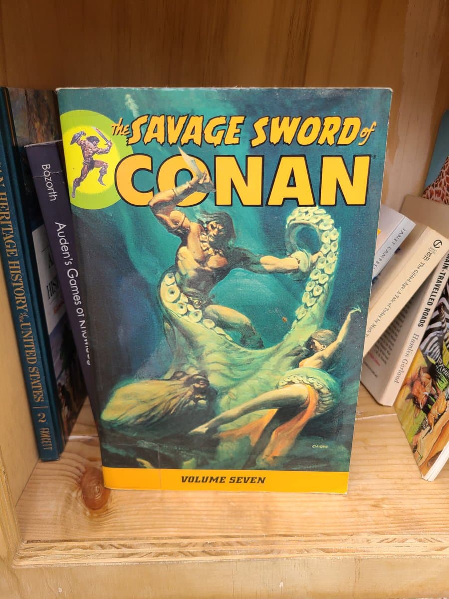 A photograph of a paperback book titled 'The Savage Sword of Conan' standing on a wooden shelf. The cover features a fantasy illustration of a muscular man fighting a large octopus-like creature.