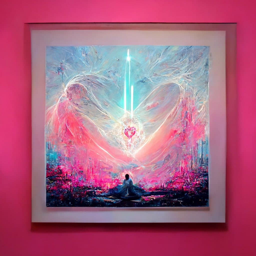 A framed abstract painting hangs on a bright pink wall, depicting a large, glowing heart shape formed by swirling pink and white brushstrokes with a vertical beam of light above it. A small, dark silhouette of a person sits at the bottom center of the artwork, facing the radiant heart. The painting is set in a light-colored frame against a solid pink background.