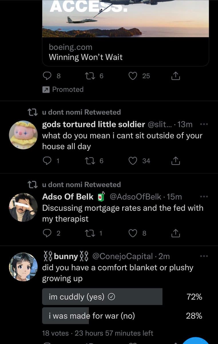 A screenshot of a Twitter timeline showing a sequence of tweets. The feed includes a promoted Boeing ad, a tweet about sitting outside a house, a tweet about discussing mortgage rates with a therapist, and a poll asking about comfort blankets or plushies growing up.