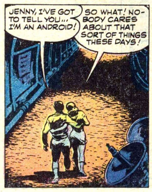 A vintage comic book panel showing two figures in a futuristic setting, with one character revealing they are an android. The image features a blue and yellow color palette typical of older comics. The scene includes speech bubbles with dialogue.