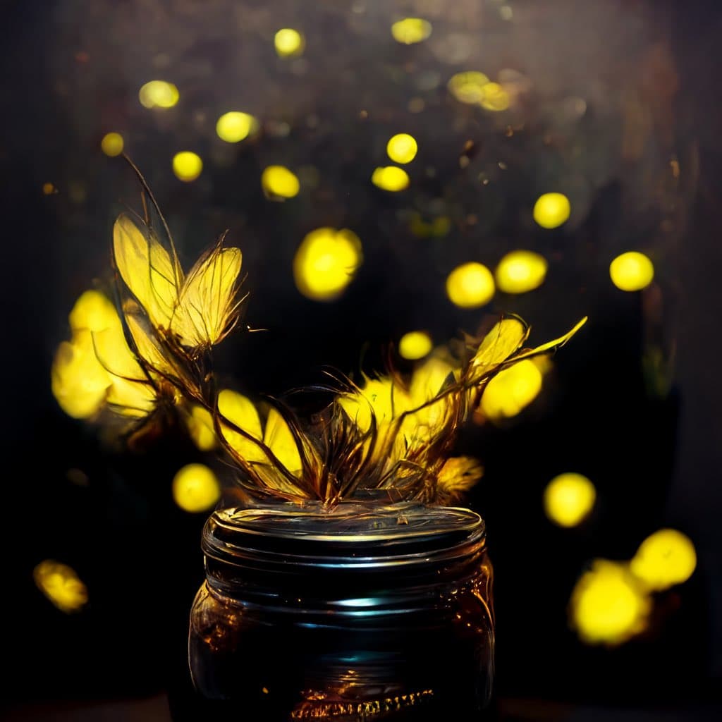 A glass jar filled with glowing, firefly-like lights and delicate, feather-like structures, set against a dark background with floating yellow orbs.