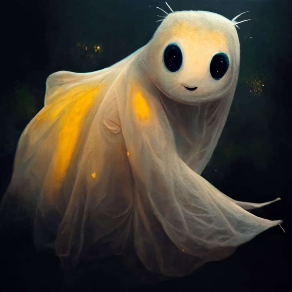 A digital illustration of a cute, white, ghost-like creature with large black eyes and a small smile, floating against a dark background. The creature is surrounded by glowing yellow lights that resemble fireflies, which appear to be trapped within its translucent, sheet-like body.