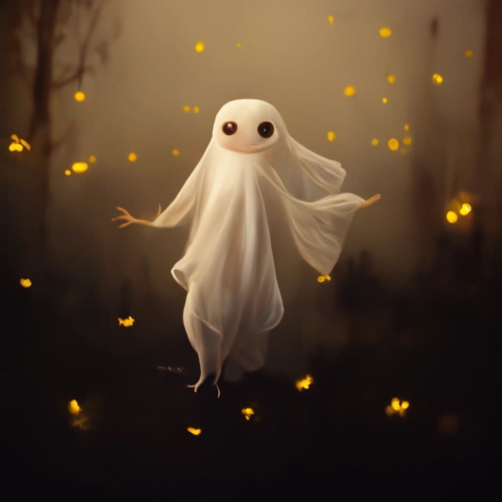 A digital illustration of a cute, floating ghost with large black eyes and a gentle smile, surrounded by glowing yellow fireflies in a dark, misty forest setting.