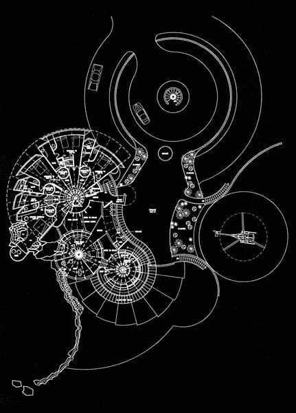A black-and-white line drawing of a complex, abstract geometric design featuring concentric circles, radial patterns, and curved lines on a black background. The image appears to be a digital illustration or blueprint-style artwork.